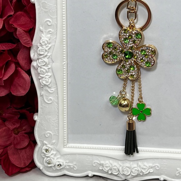 Green & Silver Crystal Four Leaf Clover Keychain with Tassel Charms - Picture 6 of 16